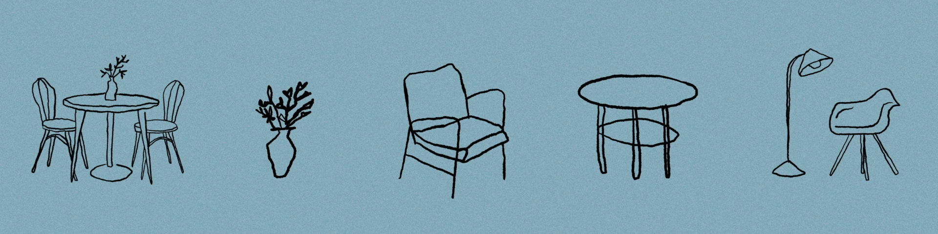 Ilustraciones ACHE: mesa con sillas, jarrón, sillón, mesa de centro, lámpara y silla