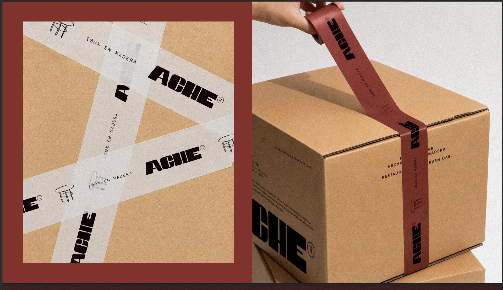 Caja ACHE® con cinta de marca lista para envío